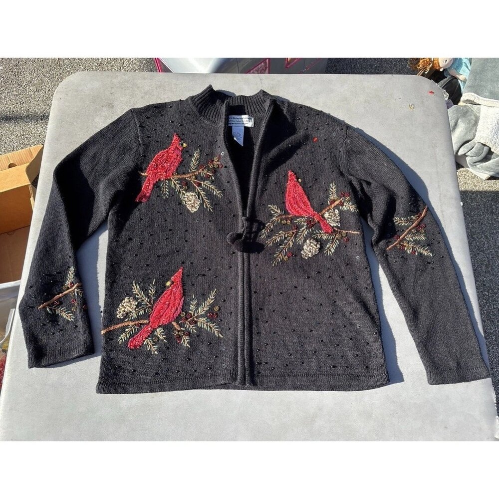 Vntg Heirloom Collectible Sweater Christmas Cardinal Birds Bead Embroider Sz S